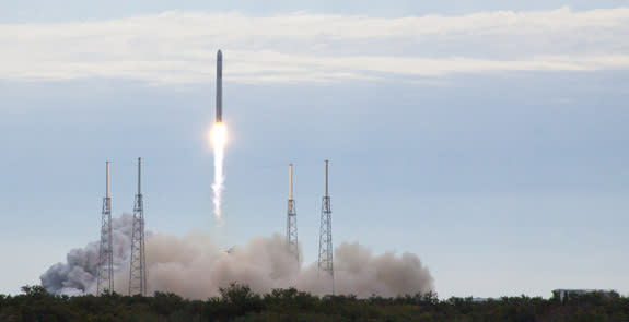 A SpaceX Falcon 9 rocket soars toward space from Cape Canaveral Air Force Station in Florida on March 1, 2013 at 10:10 a.m. EST, carrying a Dragon capsule filled with cargo for the International Space Station.