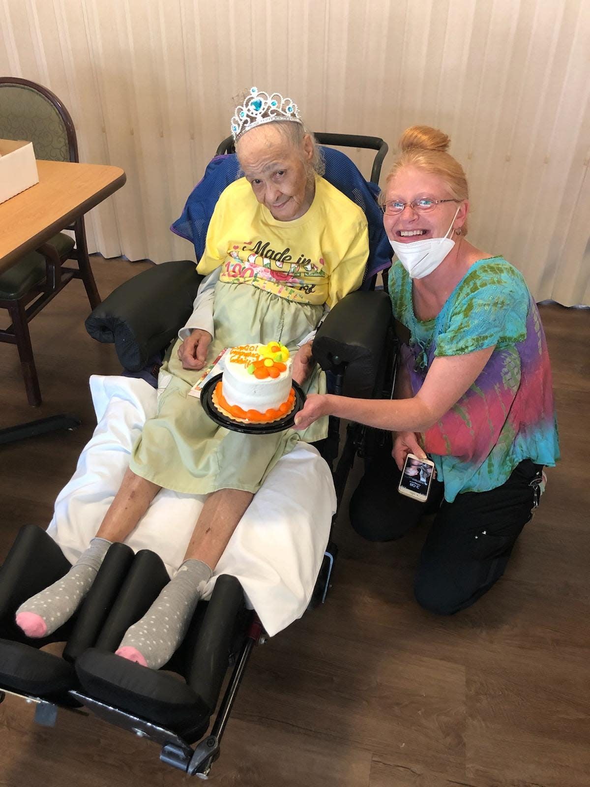 Ambry Bivins and Chondra Gingerich, activities director at Longmeadow Care Center. Bivins recently celebrated her 100th birthday.