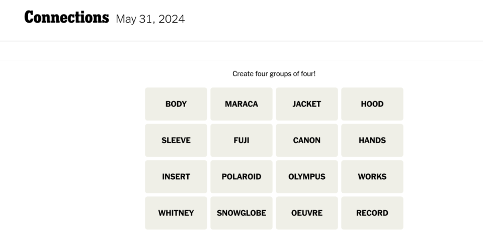 <em>Today's NYT Connections puzzle for Friday, May 31,</em><em> 2024</em><p>New York Times</p>