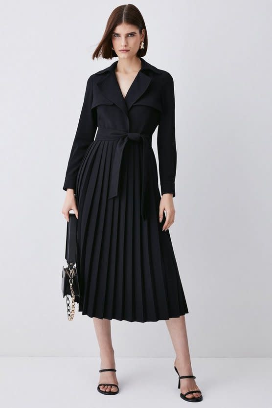 Long Sleeve Woven Pleated Midi Trench Dress. Image via Karen Millen.