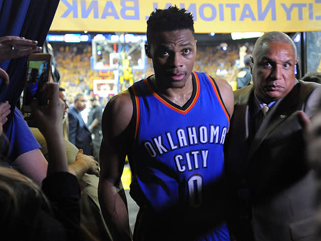 Russell Westbrook lines it up. (Getty Images)