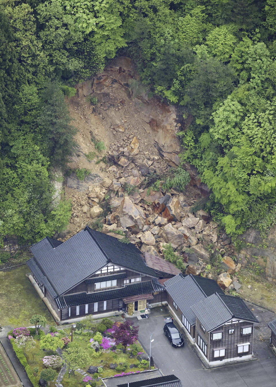 A landslide caused by Friday's earthquake is seen in Suzu city, Ishikawa prefecture, central Japan Saturday, May 6, 2023. A strong, shallow earthquake hit central Japan on Friday afternoon. (Kyodo News via AP)