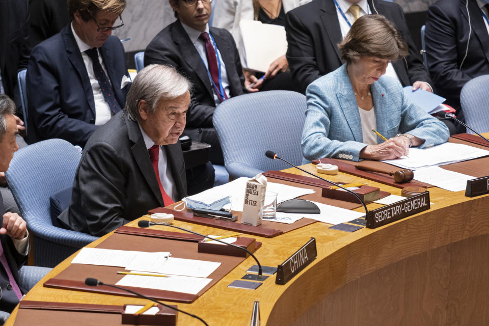 United Nations Secretary-General Antonio Guterres speaks during high level Security Council meeting on the situation in Ukraine, Thursday, Sept. 22, 2022, at United Nations headquarters. (AP Photo/Craig Ruttle)