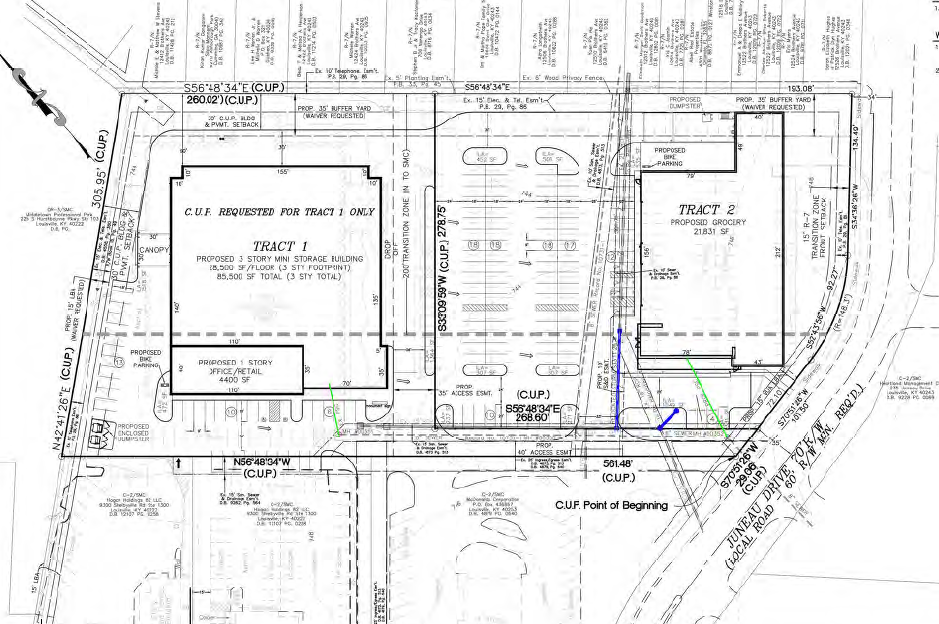 As seen in planning documents, a grocery store and mixed-use building (to include self-storage as well as flexible retail and office space) is planned for the former site of the Middletown library and East Government Center, 200 Juneau Drive.