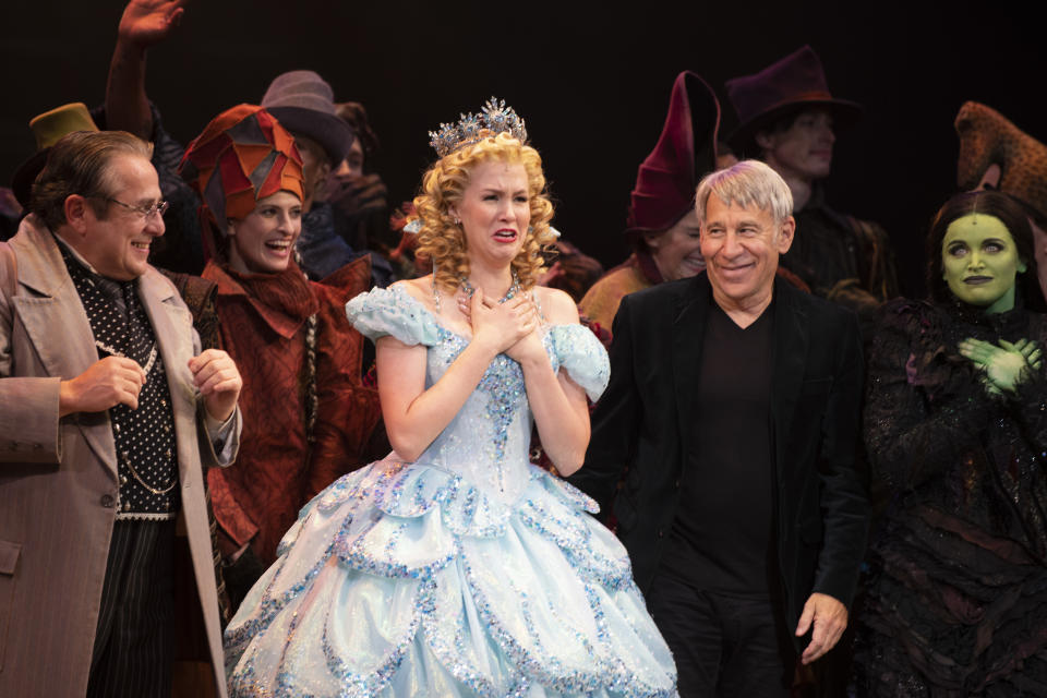 NEW YORK, NEW YORK - SEPTEMBER 14: Michael McCormick, Ginna Claire Mason, Stephen Schwartz. Lindsay Pearce and cast during curtain call of the Broadway reopening of 