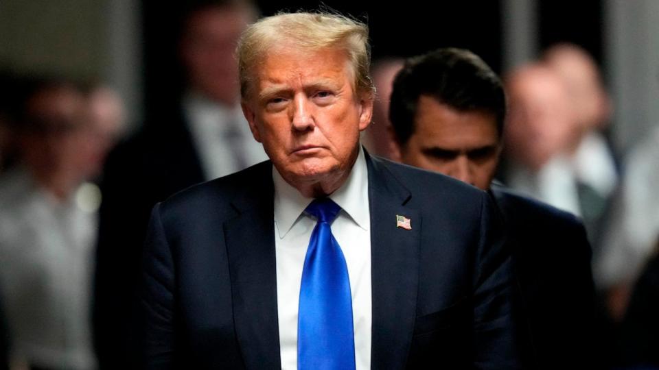 PHOTO: Former President and Republican presidential candidate Donald Trump arrives to speak to the press after he was convicted in his criminal trial at Manhattan Criminal Court in New York, May 30, 2024.  (Seth Wenig/POOL/AFP via Getty Images)