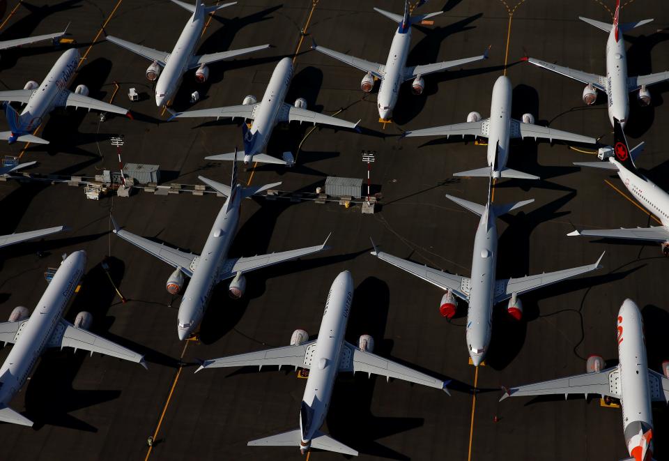 FILE PHOTO: Grounded Boeing 737 MAX aircraft are seen parked in an aerial photo at Boeing Field in Seattle, Washington, U.S. July 1, 2019.  REUTERS/Lindsey Wasson