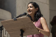 Indian author Kiran Desai speaks during a reading event in solidarity with Salman Rushdie outside the New York Public Library, Friday, Aug. 19, 2022, in New York. (AP Photo/Yuki Iwamura)