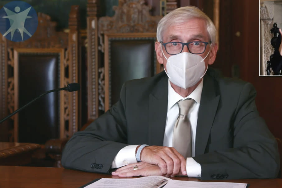 FILE - This July 30, 2020 image taken from video by the Wisconsin Department of Health Services shows Wisconsin Gov. Tony Evers in Madison, Wis. Faced with soaring coronavirus cases across Wisconsin, particularly on college campuses, Evers on Tuesday, Sept. 22, extended a statewide mask mandate until Nov. 21. (Wisconsin Department of Health Services via the AP, File)