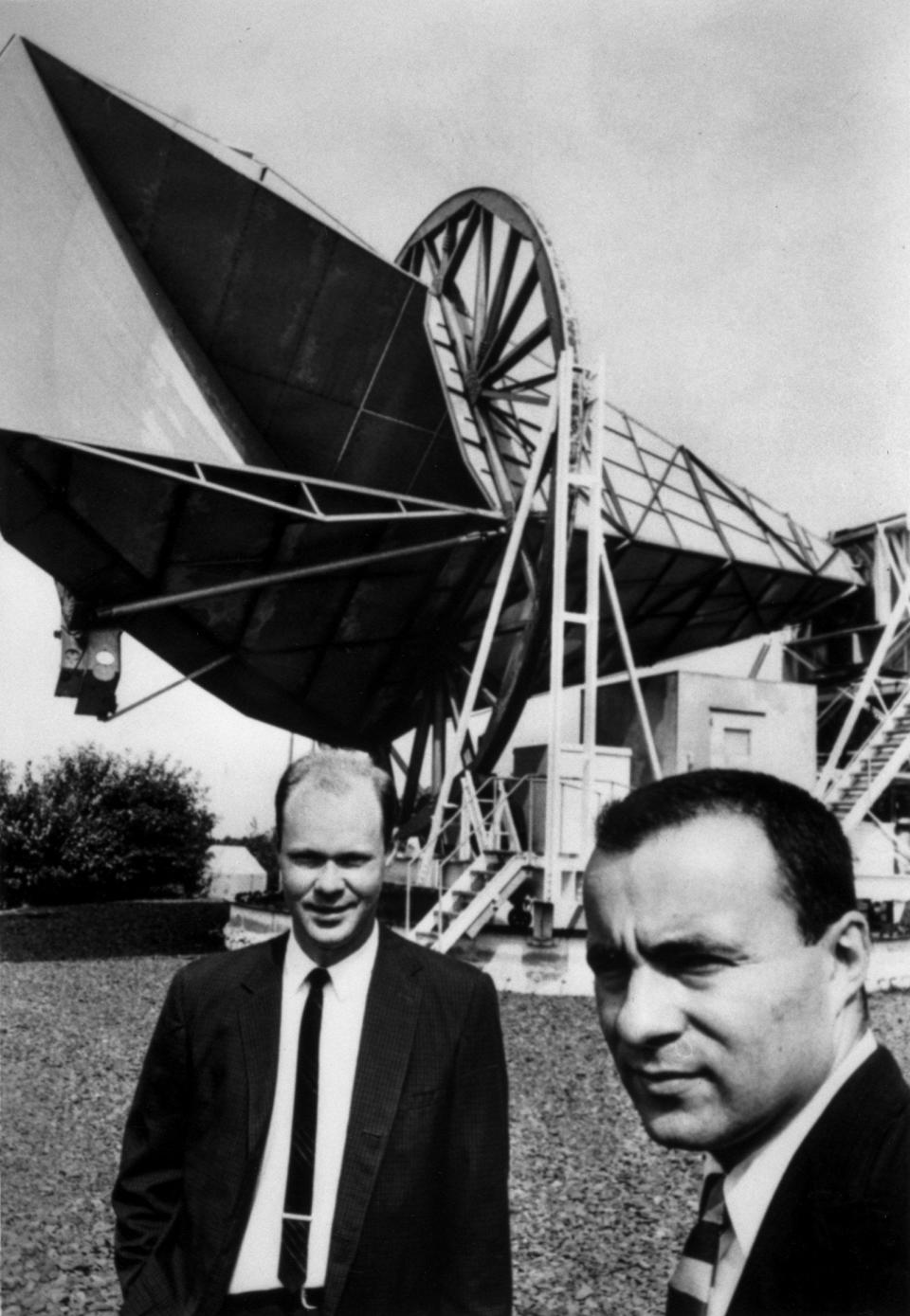 In this undated handout photo released by Alcatel Lucent, Bell Labs' Robert Wilson, left, and Arno Penzias, 1978 Nobel Prize winners for their discovery of the "Big Bang" theory of the universe's creation, are photographed in front of the famous Horn Antenna in Holmdel, NJ From the ubiquitous technology made possible by Bell Labs' invention of the transistor and laser to its scientists helping prove how the universe began, the lab has greatly influenced technology and culture. (AP Photo/Alcatel Lucent)
