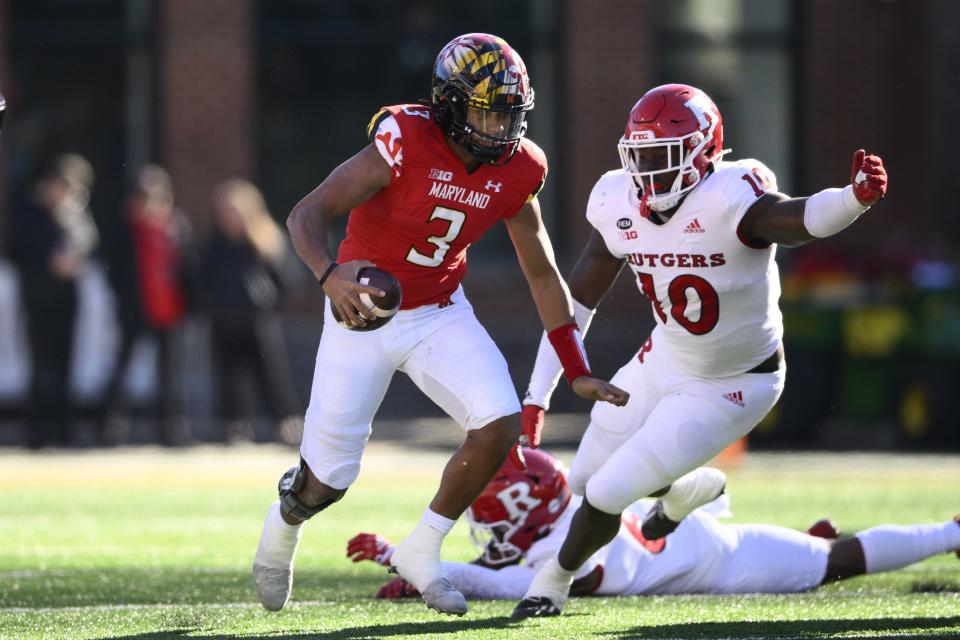 Maryland quarterback Taulia Tagovailoa (3) in action during the first half of an NCAA college football game against Rutgers, Saturday, Nov. 26, 2022, in College Park, Md. | Nick Wass, Associated Press