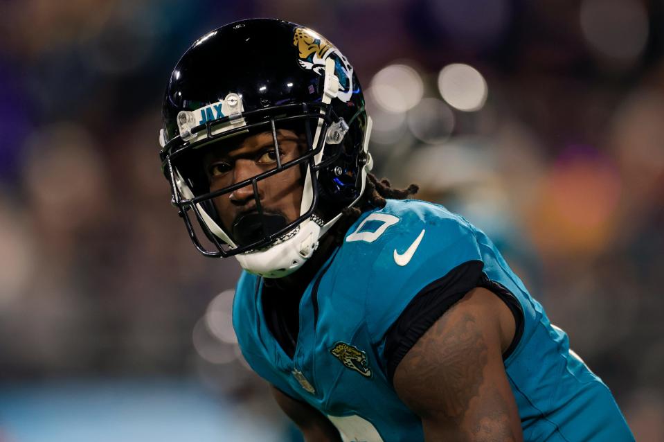 Jacksonville Jaguars wide receiver Calvin Ridley (0) lines up before the snap during the third quarter of a regular season NFL football matchup Sunday, Dec. 17, 2023 at EverBank Stadium in Jacksonville, Fla. The Baltimore Ravens defeated the Jacksonville Jaguars 23-7. [Corey Perrine/Florida Times-Union]