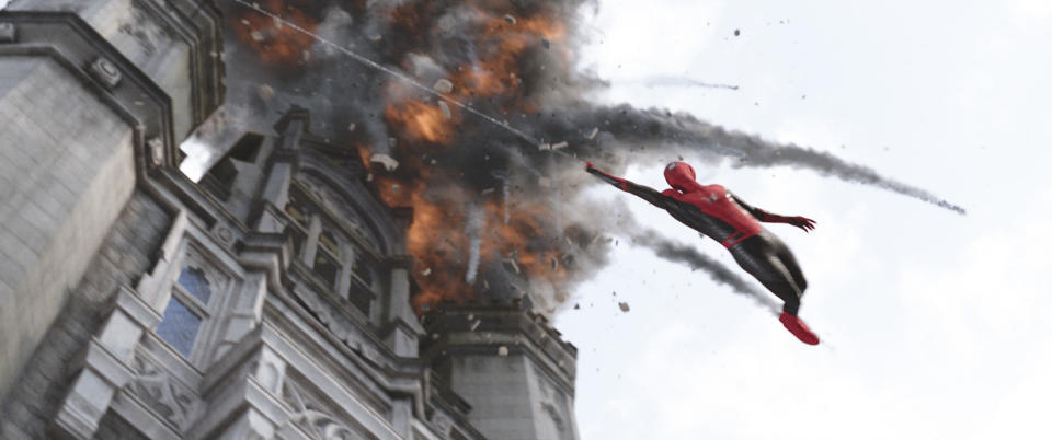 This image released by Sony Pictures shows a scene from "Spider-Man: Far From Home." (Columbia Pictures/Sony via AP)