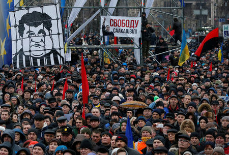 Supporters of former Georgian President Mikheil Saakashvili hold a rally in central Kiev, Ukraine December 10, 2017. REUTERS/Gleb Garanich