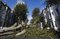 Tree surgeons clear a fallen tree from a street in Brighton after storms in south east England October 28, 2013. Britain's strongest storm in a decade battered southern regions on Monday, forcing hundreds of flight cancellations, cutting power lines and disrupting the travel plans of millions of commuters. (REUTERS/Luke MacGregor)