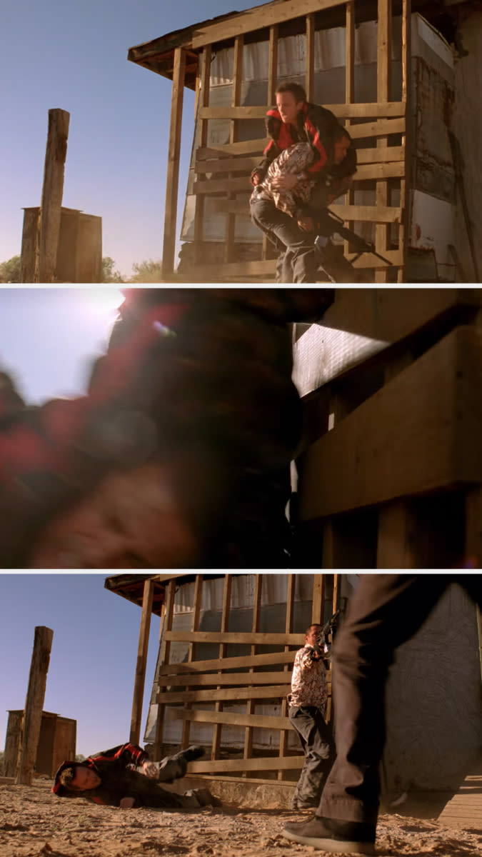 in a scene, Tuco slams Jesse into wooden slats and lets him drop to the ground