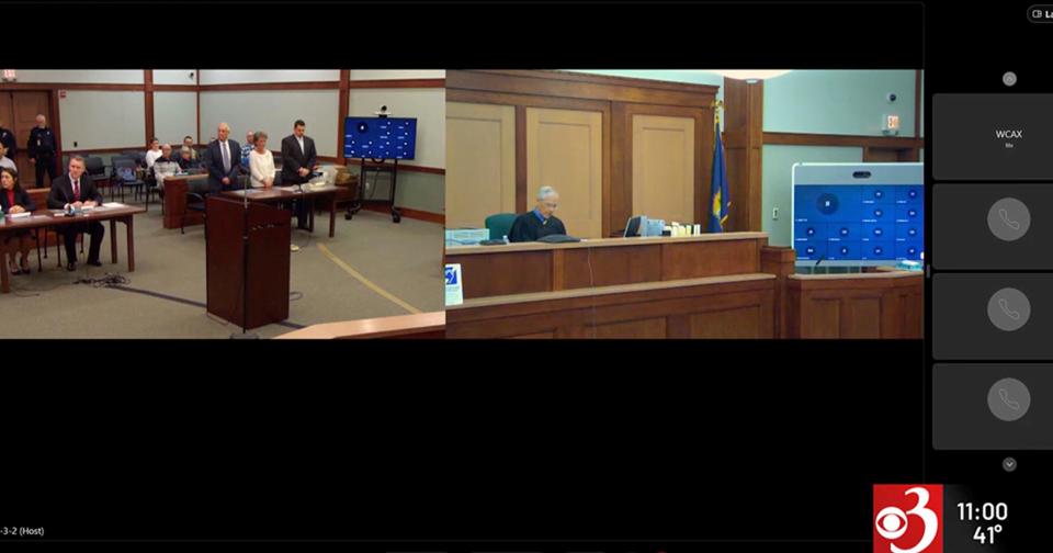 In this screen grab provided by WCAX, Stacey Vaillancourt , left, listens as the judge, right, reads a verdict on Dec. 1, 2023 in Rutland, Vt. A jury on Friday convicted Vaillancourt of manslaughter and child cruelty in the 2019 death of Harper Rose Briar in Vaillancourt's home.