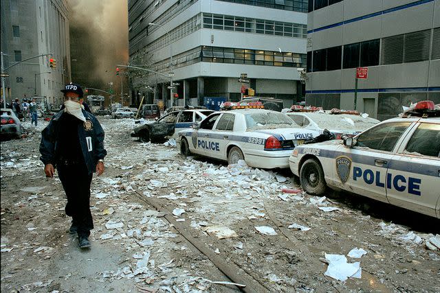 <p>Andrew Lichtenstein/Corbis via Getty</p> The streets of downtown New York are covered in debris after both World Trade Towers collapsed from a terrorist attack on September 11, 2001 in New York City.