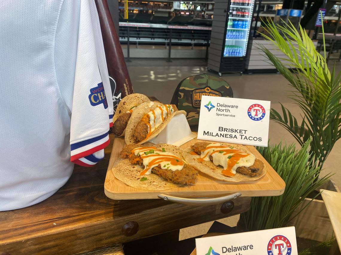 A brisket taco from Hurtado Barbecue, the official barbecue partner at Globe Life Field.