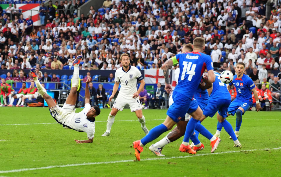 England's Jude Bellingham scores their side's first goal of the game during the UEFA Euro 2024, round of 16 match at the Arena AufSchalke in Gelsenkirchen, Germany. Picture date: Sunday June 30, 2024. (Photo by Adam Davy/PA Images via Getty Images)