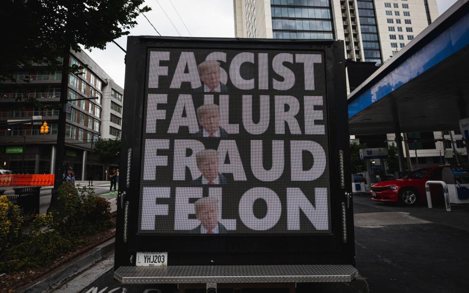 A box truck with an anti-Trump outside the CNN headquarters in Atlanta, Georgia