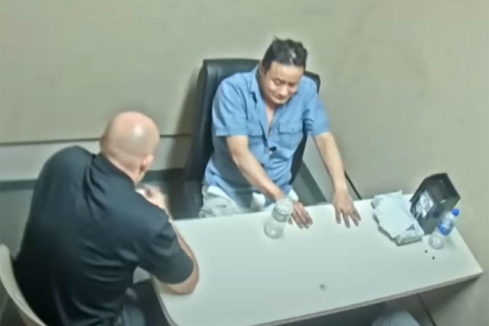 <p>Fontana Police Department/KCAL News/YouTube</p> Thomas Perez Jr. being interrogated by the Fontana Police Department