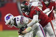 Tampa Bay Buccaneers linebacker Shaquil Barrett (58) sacks Buffalo Bills quarterback Josh Allen (17) during the first half of an NFL football game Sunday, Dec. 12, 2021, in Tampa, Fla. (AP Photo/Jason Behnken)