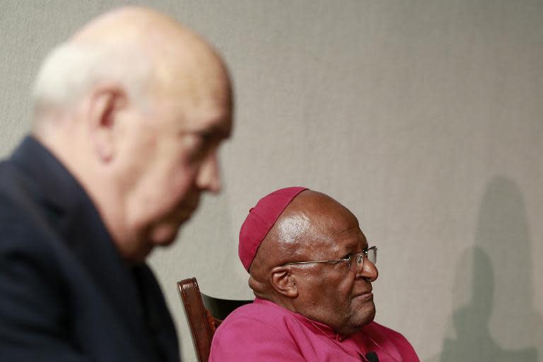 Former South African President and Nobel Peace Laureate F. W. De Klerk (L) and Nobel Peace laureate Archbishop Desmond Tutu(R) attend the launch of the official theme for the 14th World Summit of Nobel Peace Laureates, on July 18, 2014 in Cape Town