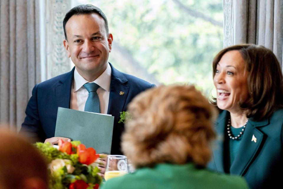Ireland's Taoiseach Leo Varadkar, left, and Vice President Kamala Harris, right, attend a St. Patrick's Day breakfast at the Vice President's residence in Washington, Friday, March 17, 2023. (AP Photo/Andrew Harnik)
