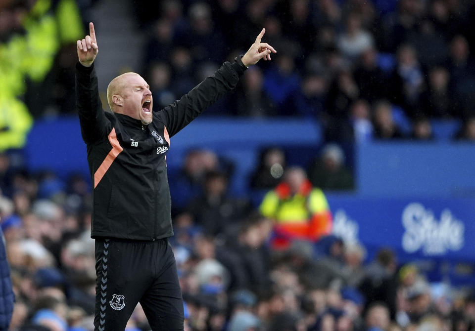 Everton's manager Sean Dyche gestures during the English Premier League soccer match between FC Everton and FC Brentford in Liverpool, England, Saturday, April 27, 2024. (Peter Byrne/PA via AP)