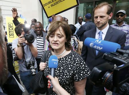 Cherie Blair, wife of former British Prime Minister Tony Blair leaves Westminster Magistrates Court after attending a hearing during which Rwanda's intelligence chief Karenzi Karake was bailed on a bond of GB Pounds 1 Million in London, Britain June 25, 2015. REUTERS/Stefan Wermuth