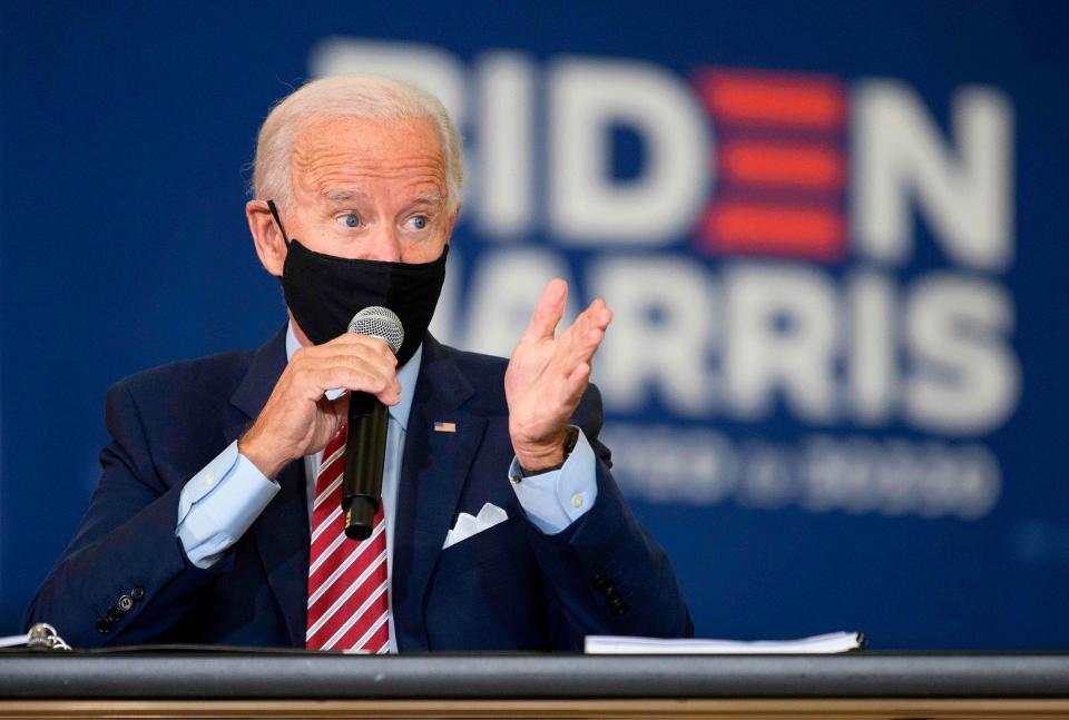 Democratic presidential candidate Joe Biden speaks in Tampa, Florida on September 15, 2020 during a roundtable discussion with Tampa-area veterans and military families.