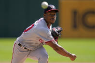 Washington Nationals starting pitcher Josiah Gray delivers during the first inning of a baseball game against the Pittsburgh Pirates in Pittsburgh, Thursday, Sept. 14, 2023. (AP Photo/Gene J. Puskar)