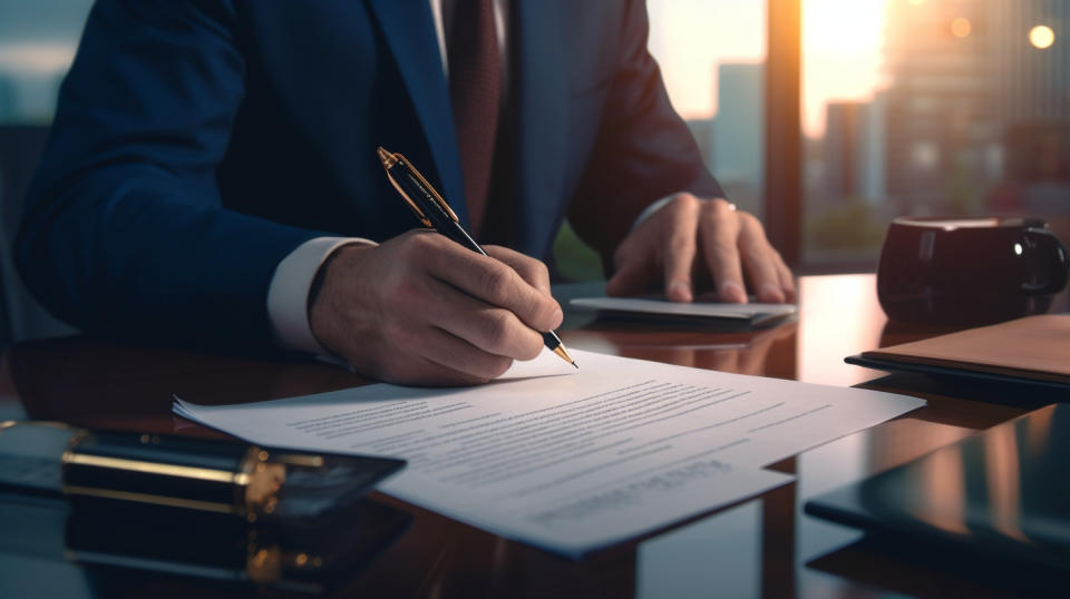 A client signing a loan agreement with a loan officer in a professional financial office setting.