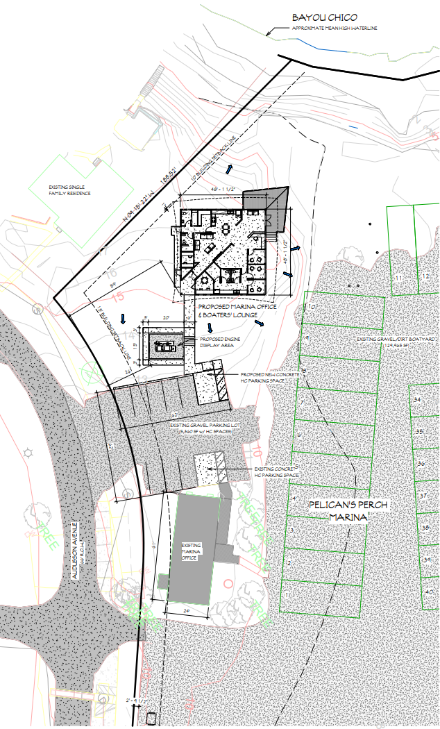 Pelican's Perch Marina is planning to expand their sites and services. Included in their development proposal to Escambia County are plans to build a new office building, which is pictured above in their site plan filed with the county.