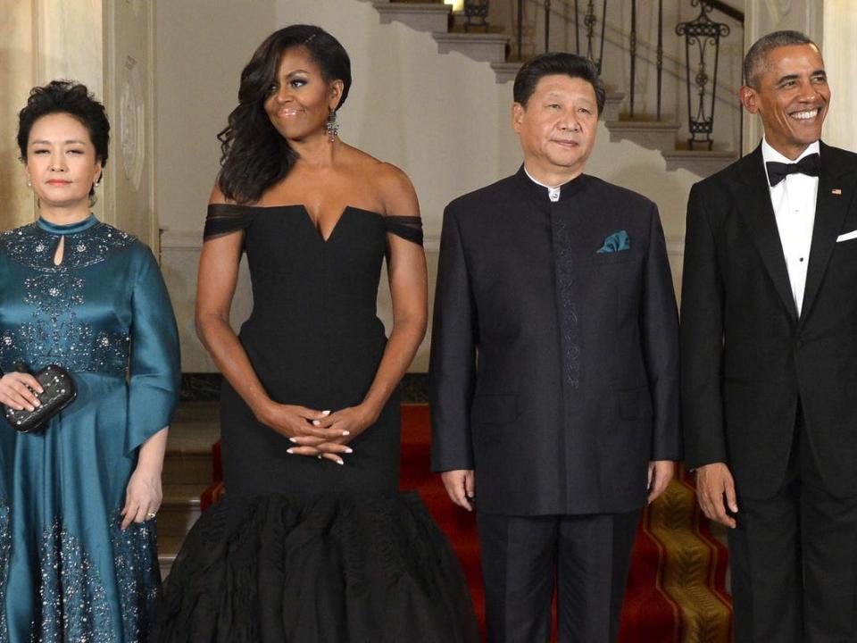 The Obamas at a state dinner in 2015.