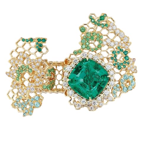 Dior yellow gold, diamond, emerald, Paraiba-type tourmaline and tsavorite garnet Dentelle Velours ring