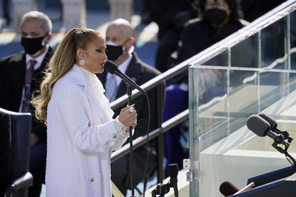 Jennifer Lopez performs during the 59th Presidential Inauguration at the U.S. Capitol for President-elect Joe Biden in Washington, Wednesday, Jan. 20, 2021. (AP Photo/Carolyn Kaster)