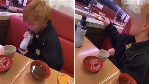日本一名男高中生在壽司郎惡作劇，趁店員不注意亂舔醬油瓶，還將口水抹到轉盤上的壽司。（圖／翻攝自推特）