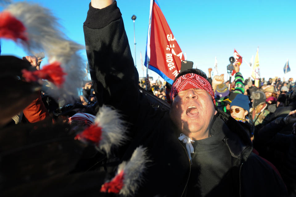 People celebrate in Oceti Sakowin camp.