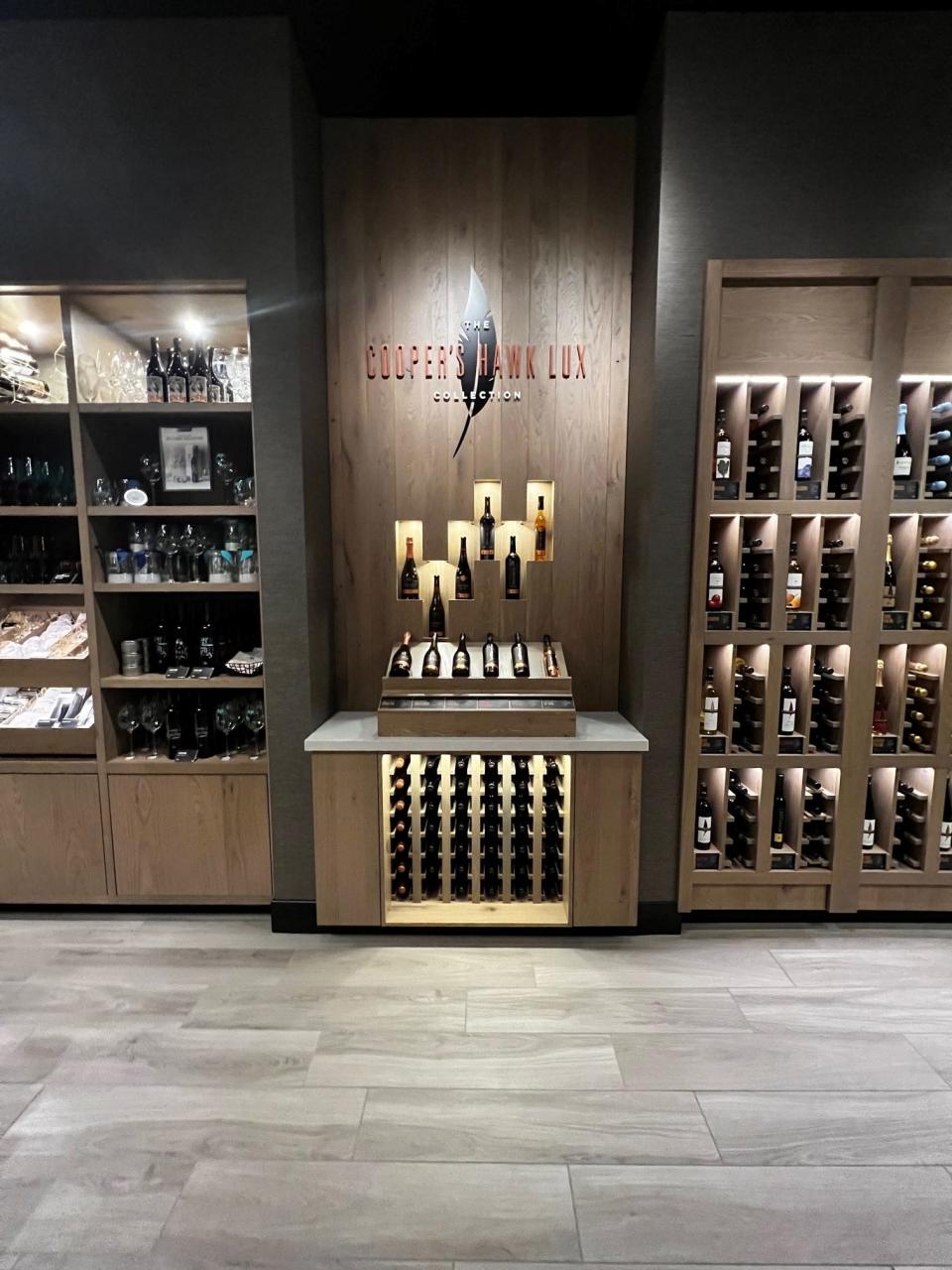 The retail space at Cooper's Hawk offers a tasting menu of wines and plenty of bottles for sale.