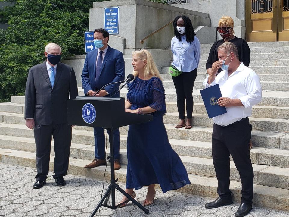 Wilson Kimball speaks outside City Hall in Yonker