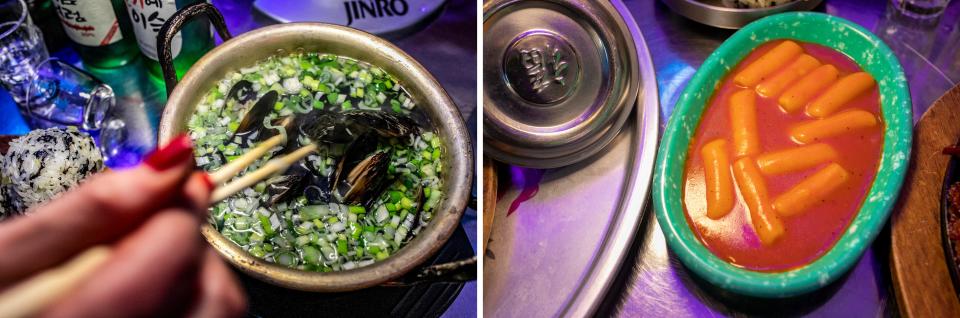 LEFT: Honghap tang (mussel soup) from Noori Pocha. RIGHT: Tteokbokki is a complementary dish.