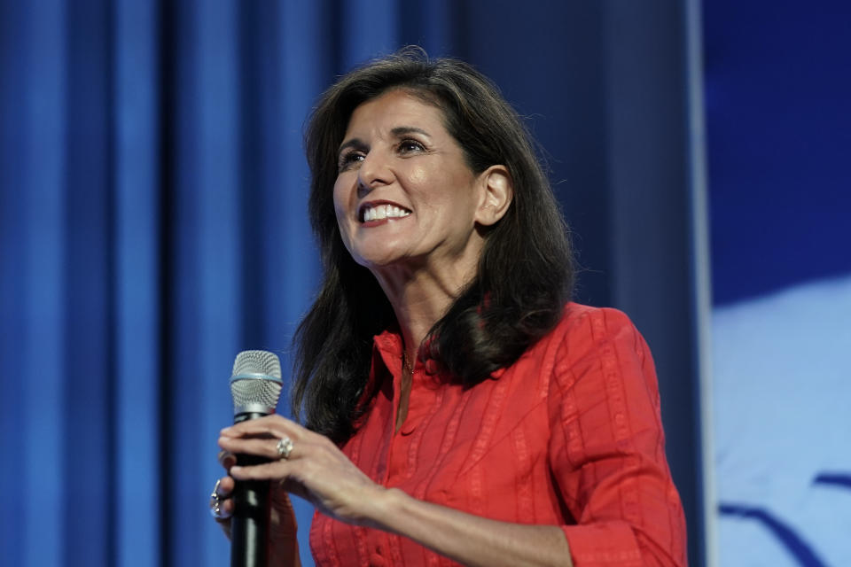 FILE - Republican presidential candidate Nikki Haley speaks at the Moms for Liberty meeting in Philadelphia, Friday, June 30, 2023. When it comes to the presidency, only five Republican women, including Haley, have undertaken prominent campaigns this century, compared with 12 among Democrats, including six in 2020. (AP Photo/Matt Rourke, File)