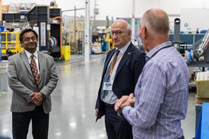 Dr. Anantha Krishnan, Ambassador Philippe Étienne, and John Smith at the General Atomics Magnet Technologies Center