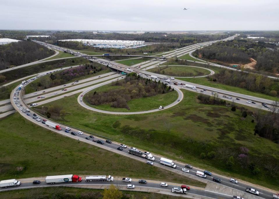 An aerial view of Interstate 85 and Interstate 485 during rush hour near Charlotte Douglas International Airport in Charlotte, NC on March 26, 2024.
