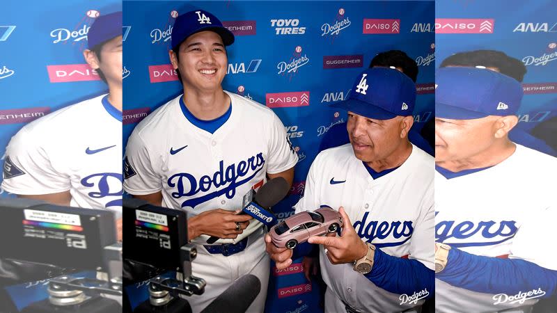 道奇教頭羅伯茲（Dave Roberts）亂入大谷翔平賽後訪問。（圖／翻攝自道奇隊X）