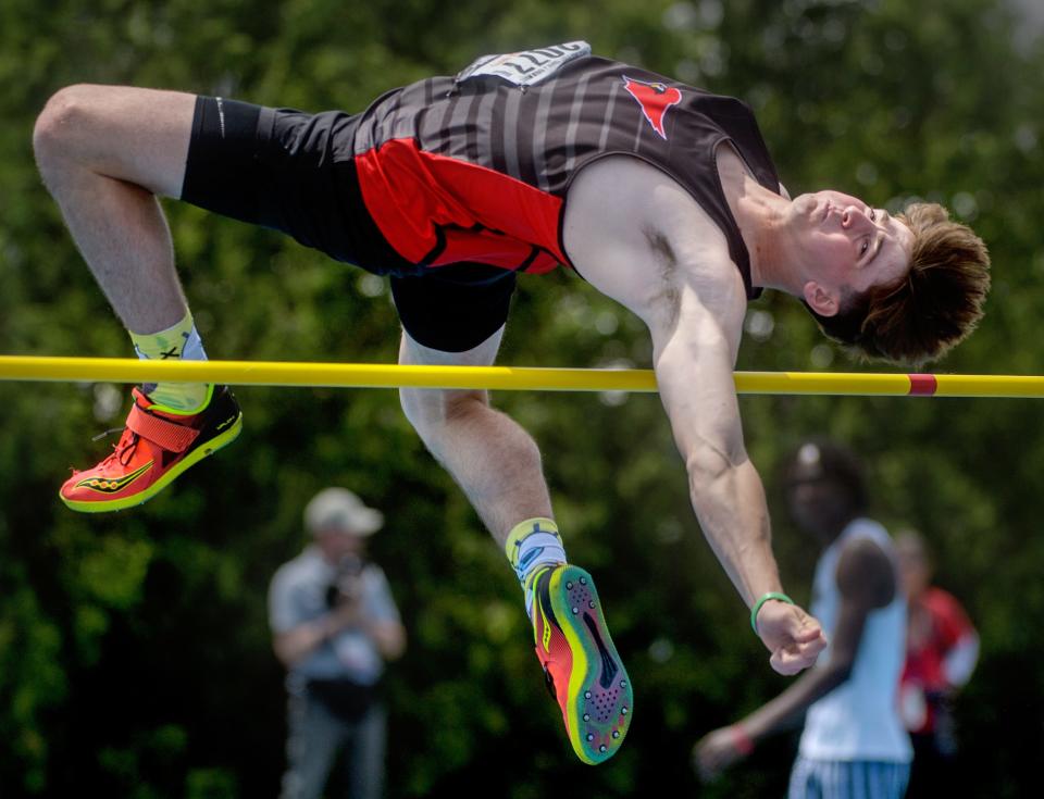 Metamora's Drew Tucker clears the bar on his way to a state title in the Class 2A high jump Saturday, May 27, 2023 at Eastern Illinois University in Charleston.