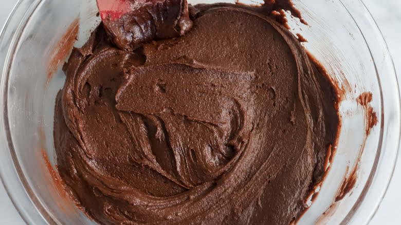 brownie batter in clear bowl