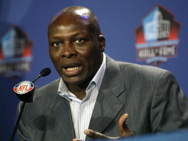 Former Buffalo Bills defensive end Bruce Smith gestures after being elected into the Pro Football Hall of Fame during a news conference Saturday afternoon Jan. 31, 2009 in Tampa, Fla.(AP Photo/Chris O'Meara)
